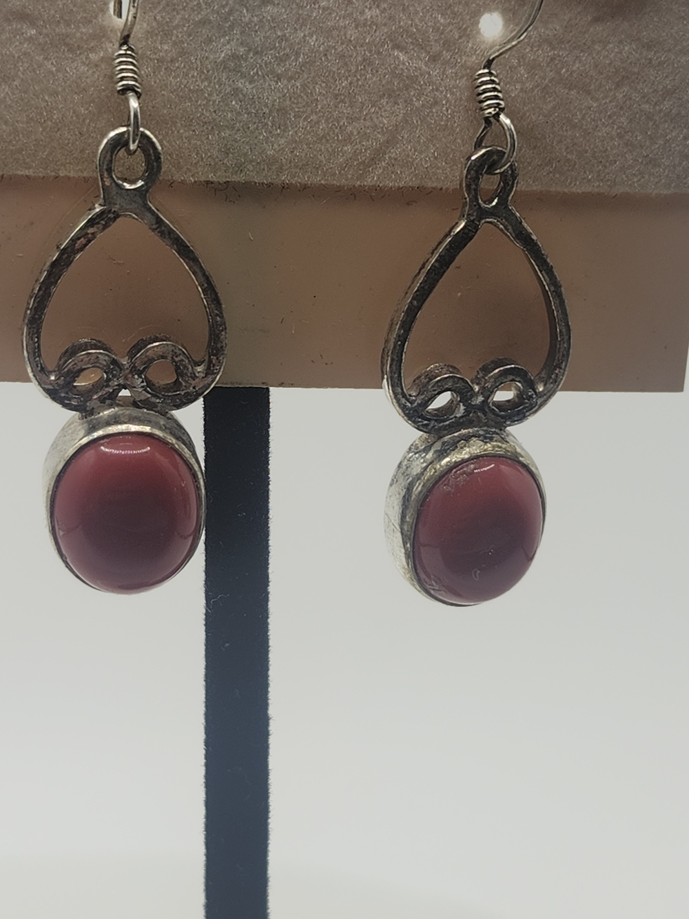 Silver Jeans Silver Drop Earrings with Dark Red Stones